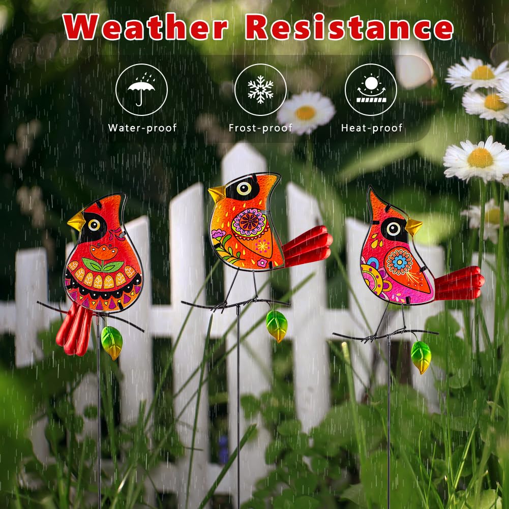 SATHGA Decorative Garden Stakes,Set of 3 Cardinal Stained Glass Metal Yard Art,Waterproof Outdoor Decor Housewarming Present for Women Mom Grandma