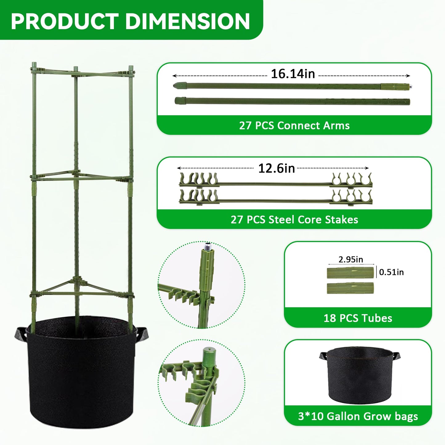 GENMOUS Tomato Cages with Grow Bags - 48 Inch Tomato Trellis for Raised Garden Bed, 3-Pack Tomato Plant Support, with 10 Gallon Plant Grow Bags, Reusable and Height Adjustable