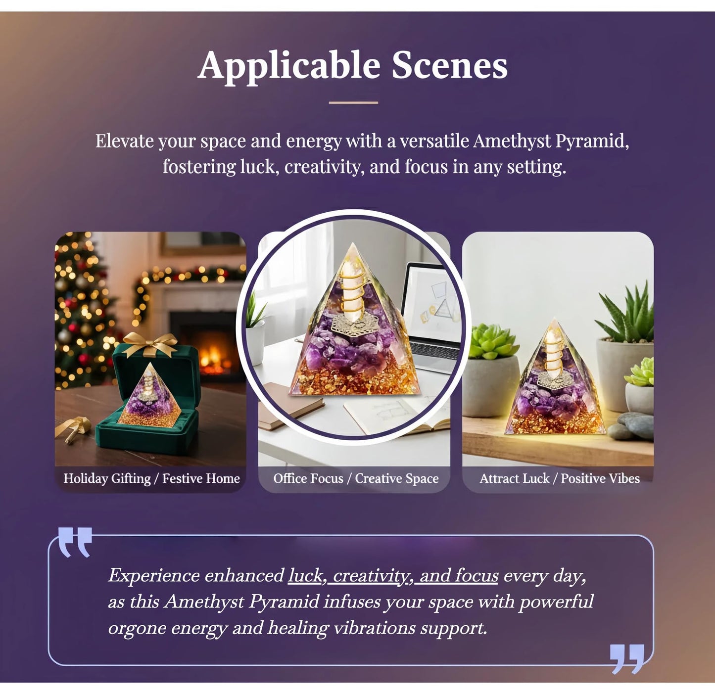 L&A Amethyst Orgonite Pyramid Decor – Focus & Stress Relief Crystal for Office Desk – Natural Healing Stone for Success, Productivity, Meditation & Valentine’s Gift (Purple, 2.4")