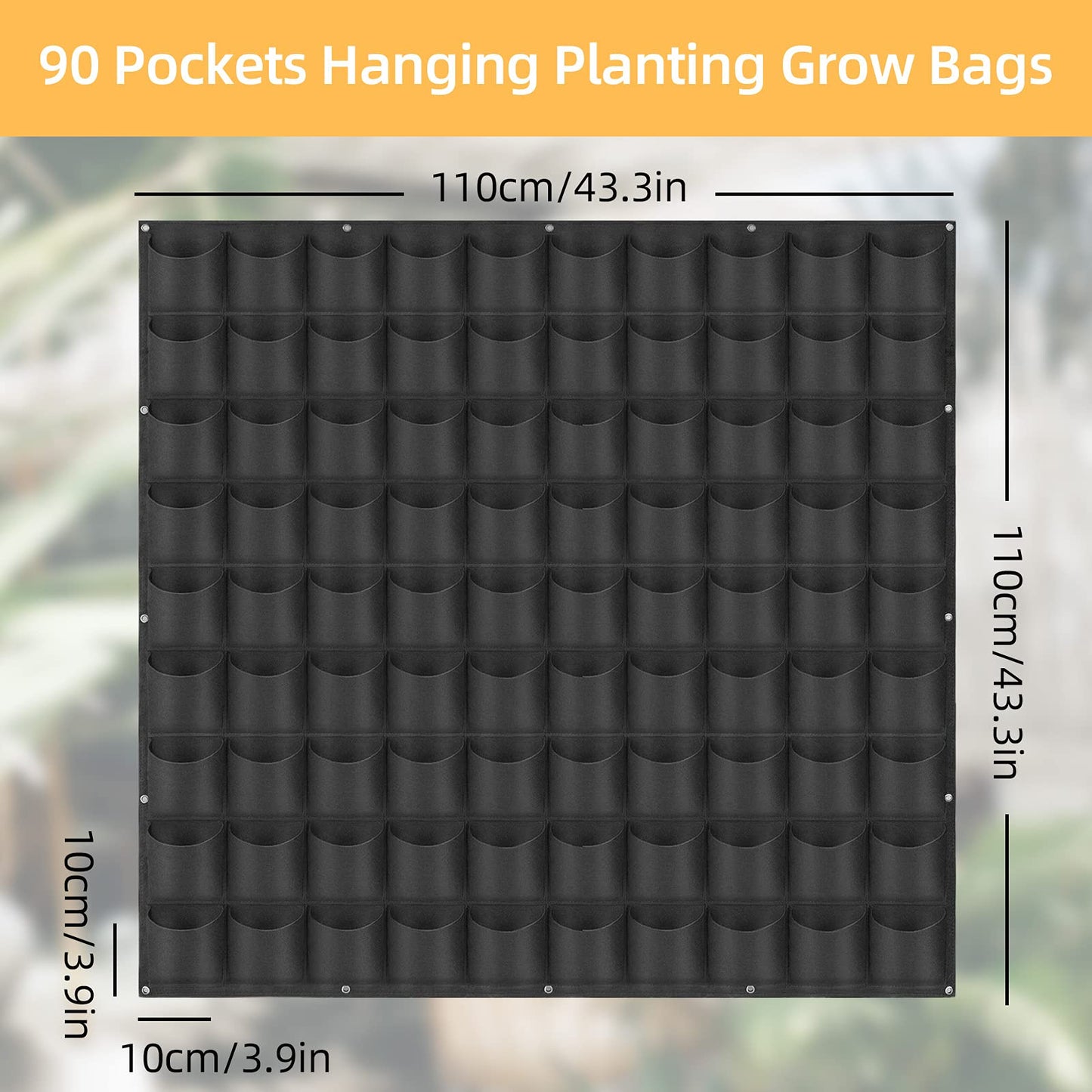 Hanging Planting Grow Bags, 90 Pockets Wall Planter Wall Mounted Grow Bag Outdoor Indoor Gardening Vertical Greening Flower Container, Planting Bags Storage Bags(1.1 m × 1.1 m, Black)