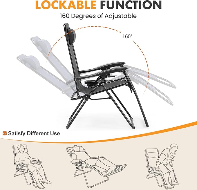 NEWBULIG Zero Gravity Chair Set of 2, Lounge Chair Folding Portable Adjustable Camping Reclining Chairs with Adjustable Pollow, Mesh Back, Cup Holder Trays Lawn Patio Chair for Pool Beach - Black