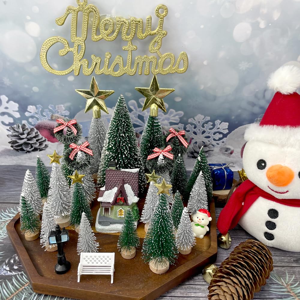 NotiGat Miniature Christmas Pine Tree mini Bottle Brush Christmas Trees Table top Village Winter Tree for Christmas Decorations Wooden Bases （36pcs）