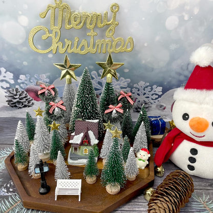 NotiGat Miniature Christmas Pine Tree mini Bottle Brush Christmas Trees Table top Village Winter Tree for Christmas Decorations Wooden Bases （36pcs）