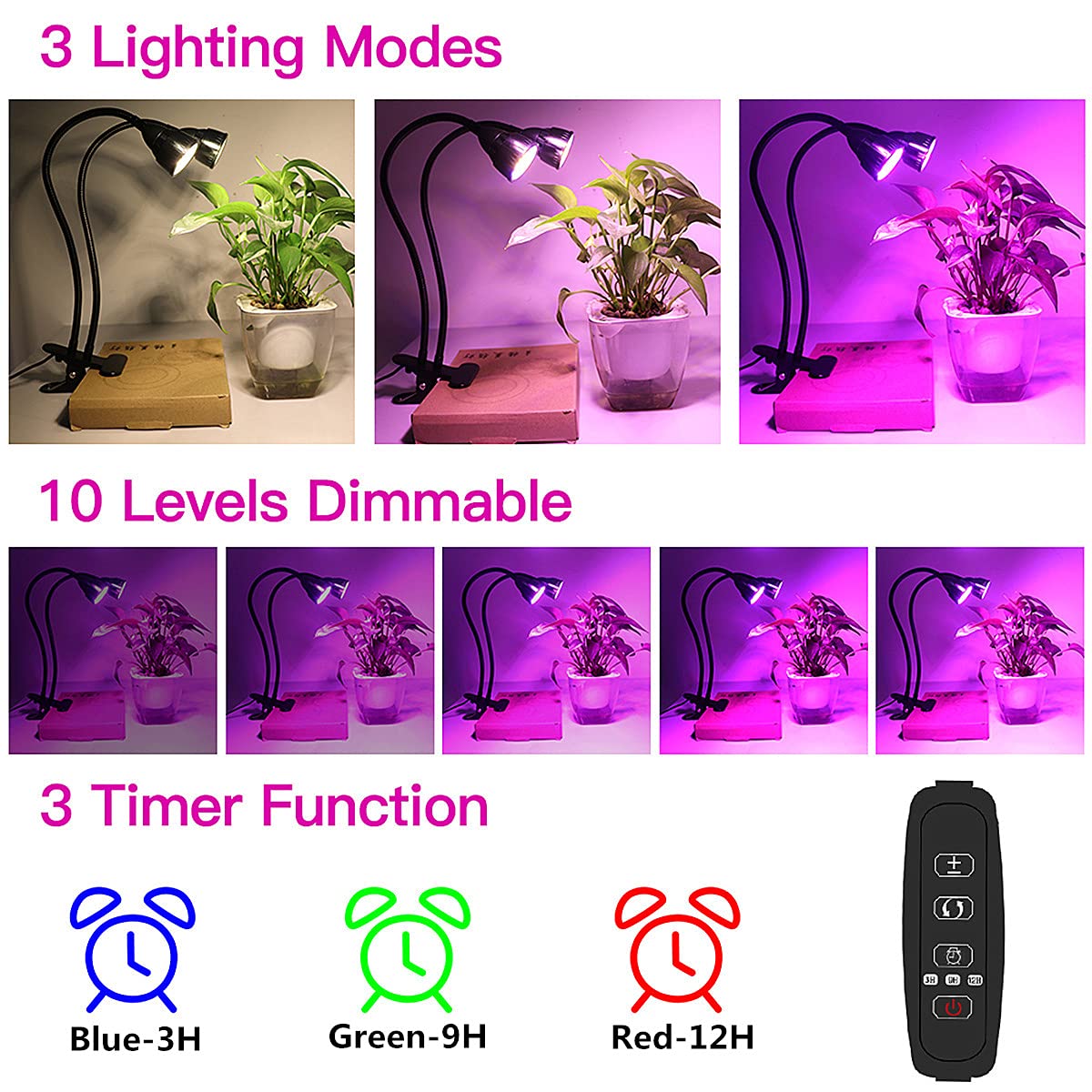 Grow Light for Indoor Plants Growing, Juhefa Gooseneck Clip-on Plant Lamp for Seedlings Succulents Seed Starting,3 Modes & 10-Level Brightness with Timer 3 9 12 Hrs