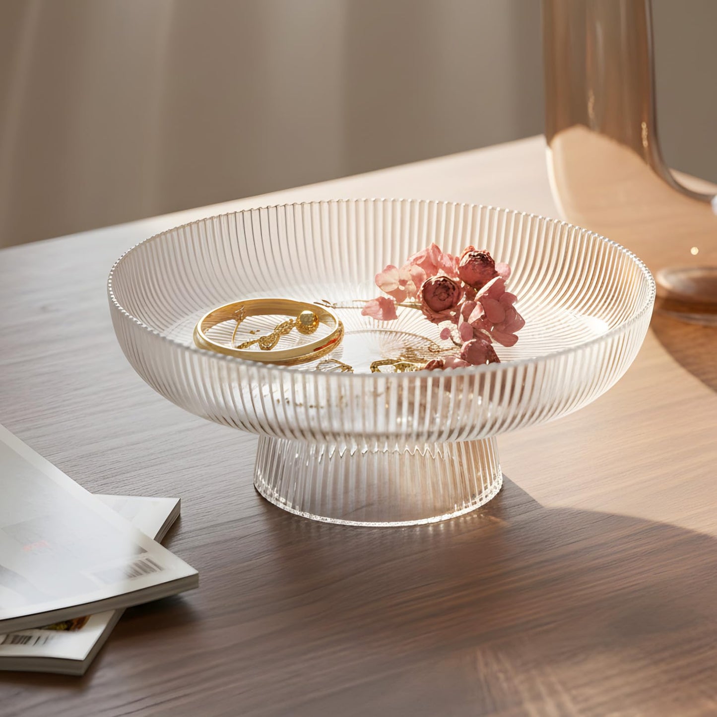 Kultilanda Large Glass Fruit Bowl for Kitchen Counter Decorative Centerpiece Bowl for Table Home Déco, Clear Ribbed