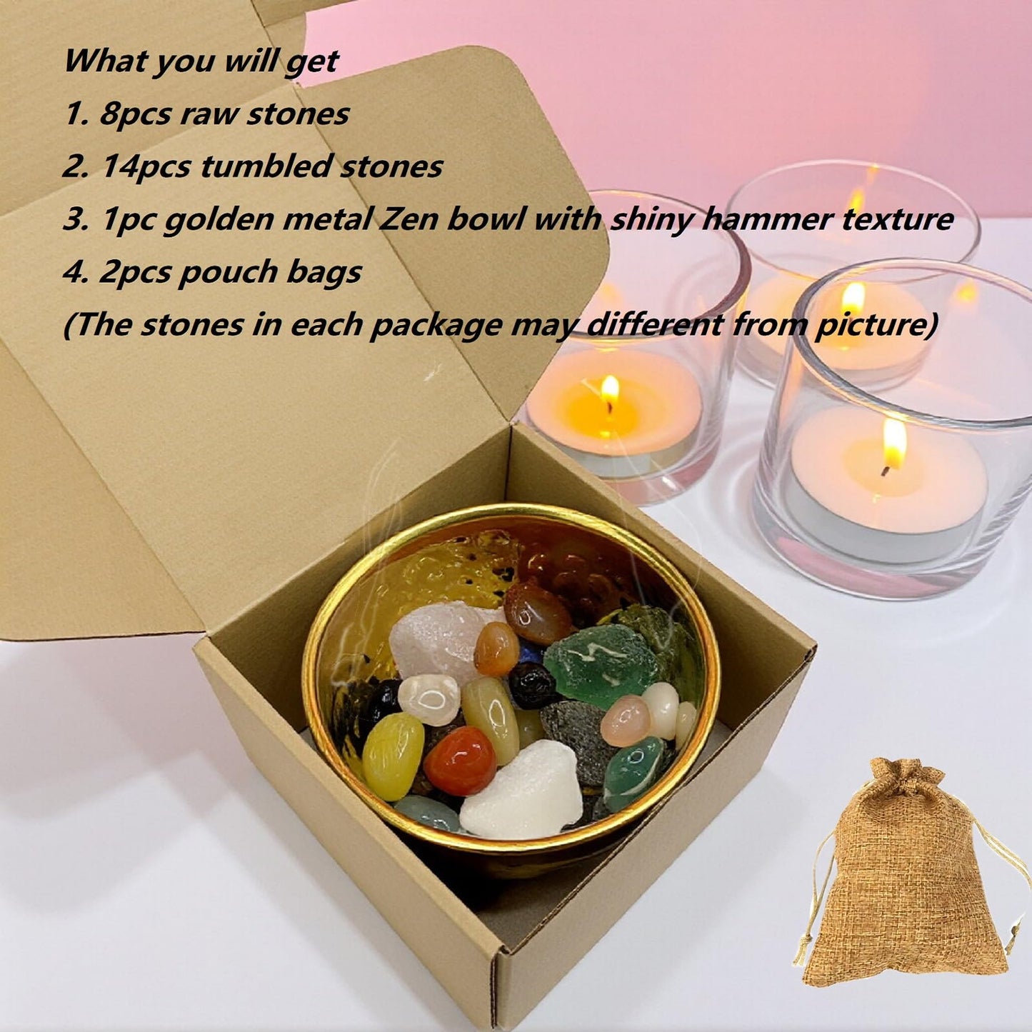 Healing Crystal and Stones Set， Golden Zen Bowl, Premium Crystal Display Gift Kit, Natural Raw Crystal and Tumbled Chakra Stones, Decorative Crystal Storage Holder
