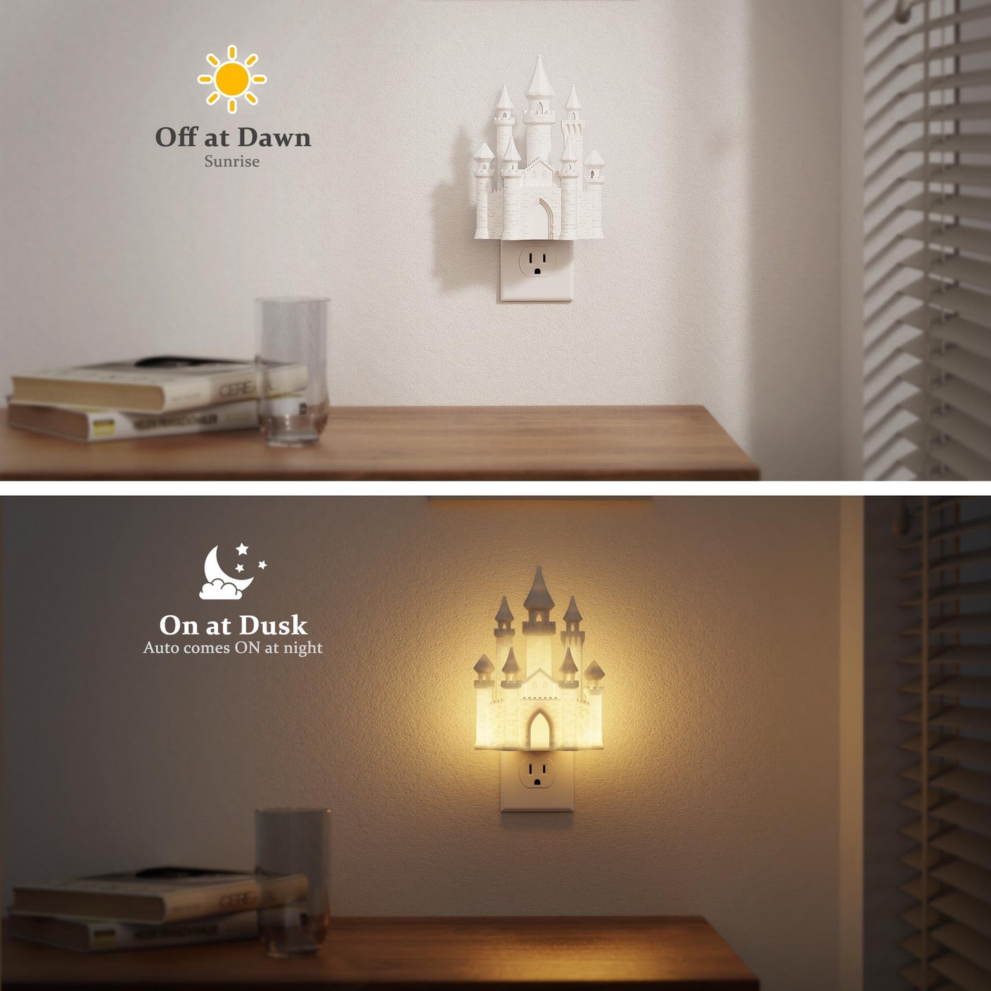 JandCase Night Lights Plug into Wall,2 Pack 3D Printed Castle Night Light,3000K Plug in Nightlight with Dusk to Dawn Sensor,0-100LM Adjustable Brightness for Rooms Bathroom Hallway