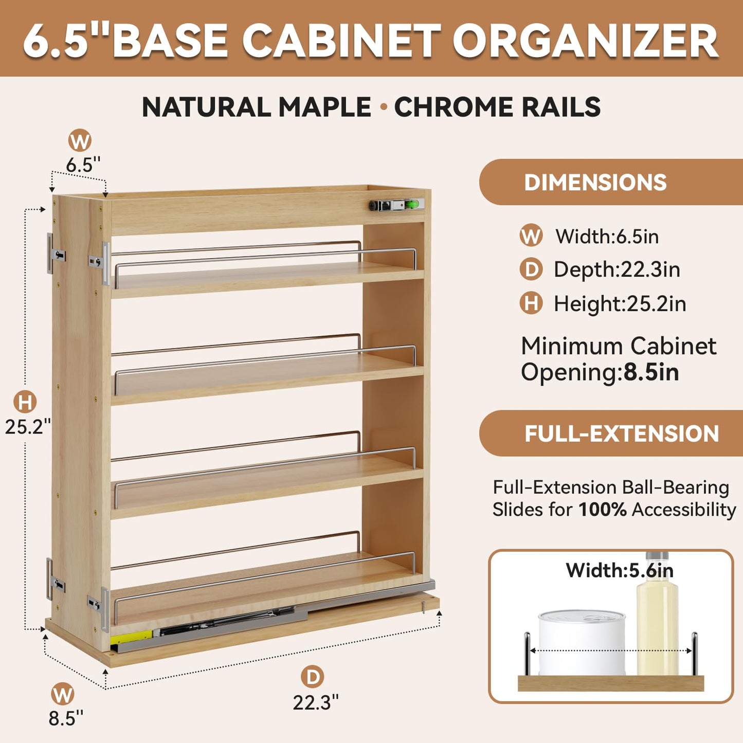 Grehitk Pull Out Spice Rack Organizer for Cabinet (6.5" W x 22.3" D x 25.2" H), Sliding Spice Rack for Kitchen Cabinet, Wood Pull Out Cabinet Organizer for Multi-Use