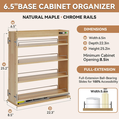 Grehitk Pull Out Spice Rack Organizer for Cabinet (6.5" W x 22.3" D x 25.2" H), Sliding Spice Rack for Kitchen Cabinet, Wood Pull Out Cabinet Organizer for Multi-Use