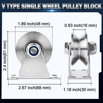 Groove Pulley Wheel for Rope Wall Mounted 2 Pack Stainless Steel Super Silent Cable Pullys Wheels System V Type Blocks Rollers Detachable Duplex Bearing for Gym Equipment Sliding Gate (with Screws)