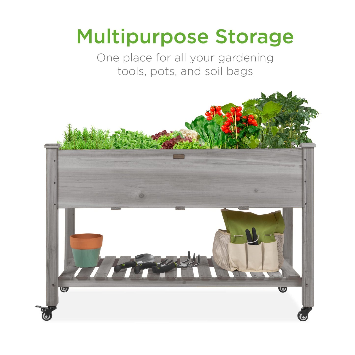 Best Choice Products Raised Garden Bed 48x24x32-inch Mobile Elevated Wood Planter w/Lockable Wheels, Storage Shelf, Protective Liner - Gray