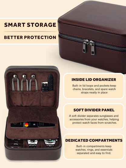 Lumayina Travel Watch Case for Men, Watch Box with Ring Rolls & Accessory Compartments, PU Leather Portable Men's Jewelry Organizer, Fits up to 50mm Watches, Gift for Him (Large – 2 Slot)
