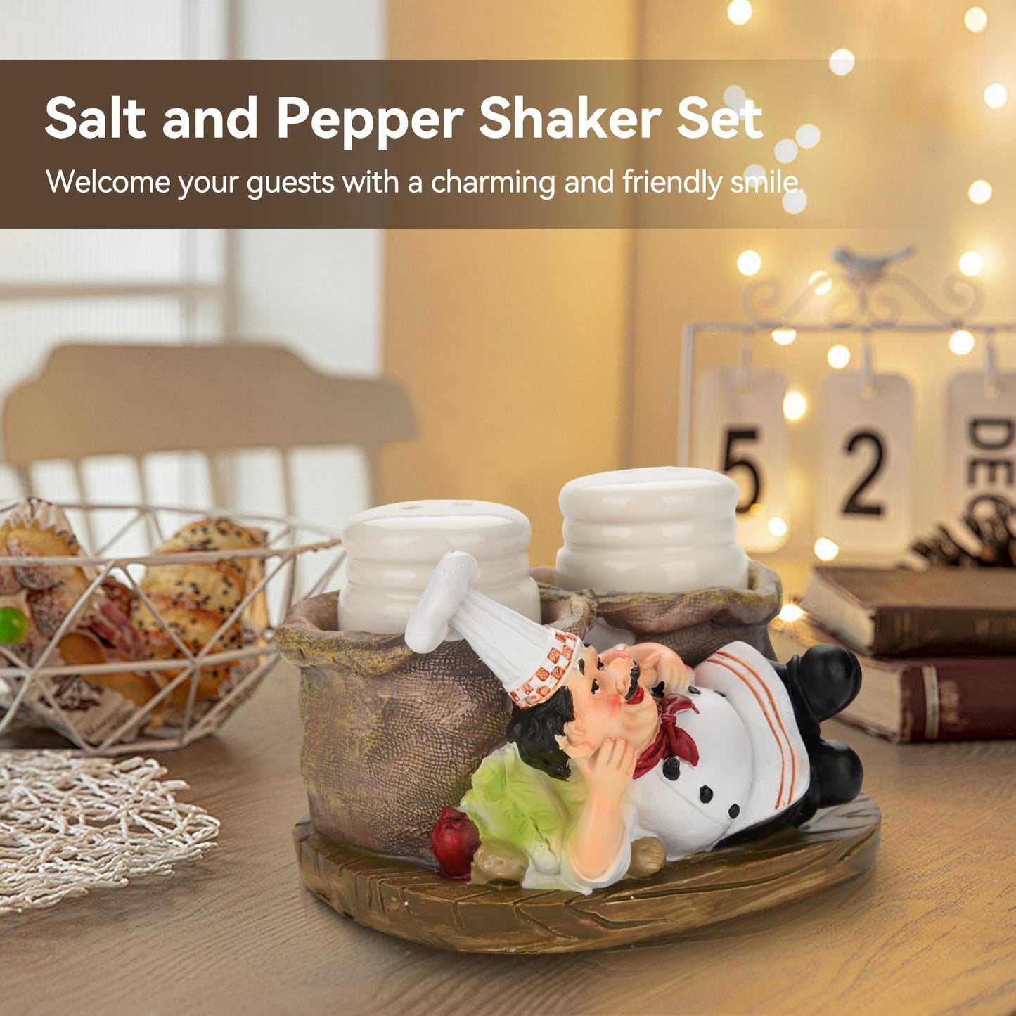 Salt and Pepper Shakers Set, Resin Chef Decorative Statue Spice Organizer Funny Chef Ornament Spice Jars Holder with Chef Figurines Holder for Family, Kitchen, Restaurant, Cafe, Bakery(#C)