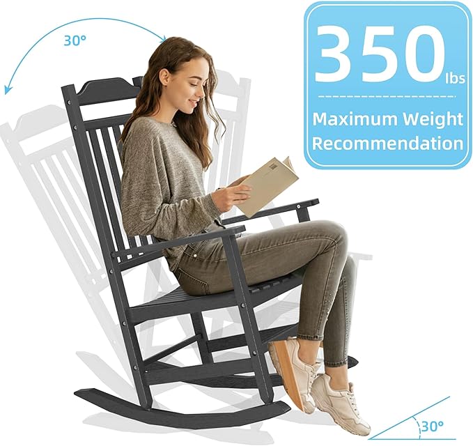 Patio Rocking Chair Outdoor Set of 2,Weather Resistant Poly Resin Oversized Porch Rocker,High Back Smooth Design,350lb Weight Capacity,Indoor Outdoor Use(2, Black)