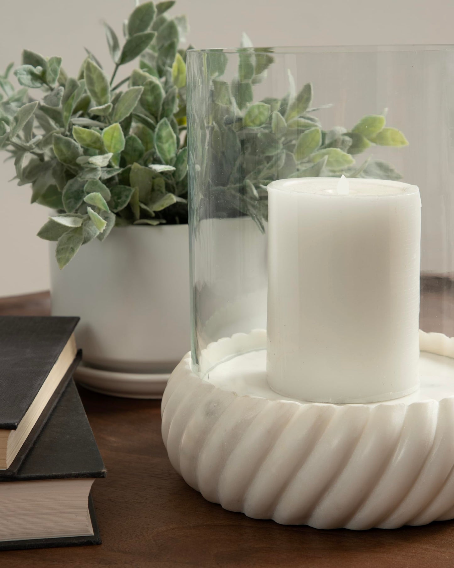 Kate and Laurel Trenza Modern Marble Candle Holder with Glass Cylinder, 8 x 8 x 9, White Marble, Transitional Twisted Base Pillar Candle Holder with Hurricane for Entryway or Living Room Decor