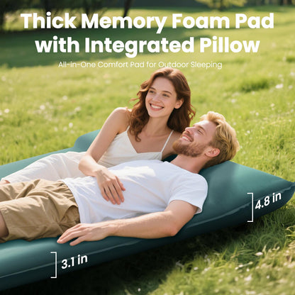 INNERWILD Double Camping Sleeping Pad with Electric Pump, 3.15" Thick 2 Person Self Inflating Memory Foam Mattress Pad with Pillow, Portable Sleeping Mat for Travel, Car, Tent- Dark Green, Full Size