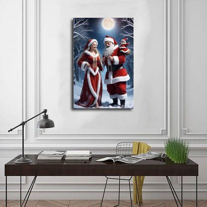 Santa Claus Family Figurine Set Christmas Decorations Including Mrs. Santa Claus Poster Wall Art Decor Print Picture Paintings for Living Room Bedroom Decoration Frame 24x36inch