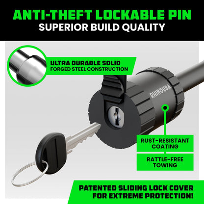 Rhino USA 2” Trailer Hitch Pin – Patented 5/8" Locking Receiver Pin for Class III/IV Hitches – Weatherproof, Anti-Theft, Debris-Protected – Tow Truck Ready – Black 1PK