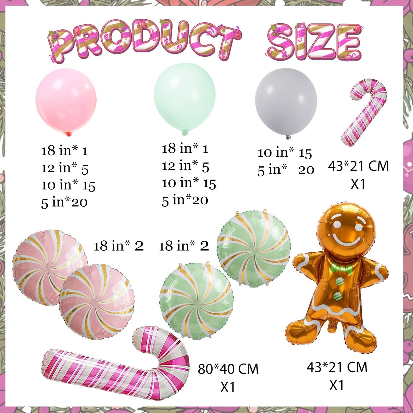 Christmas Balloon Garland Arch kit green pink balloon with Gingerbread Balloon Cane Candy Foil Balloons for friendsmas Party Decorations Xmas New Year cookie Birthday Party Supplies globos de navidad