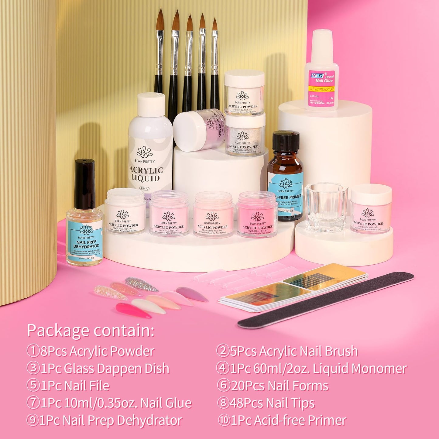 BORN PRETTY Acrylic Nail Kit - Acrylic Powder (Clear, White, Pink) & Liquid Set with Nail Forms, Brush Pen, File & Glass Container - Beginner Friendly