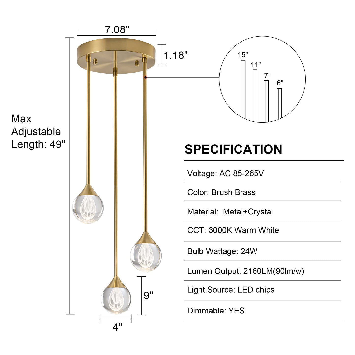 SUNMOO 3-Light Teardrop Crystal Pendant Light, Dimmable LED Crystal Globe Hanging Light Fixture, Modern Ceiling Pendant Lighting for Kitchen Island Dining Room Bedroom Bar 3000K 24W Brush Brass