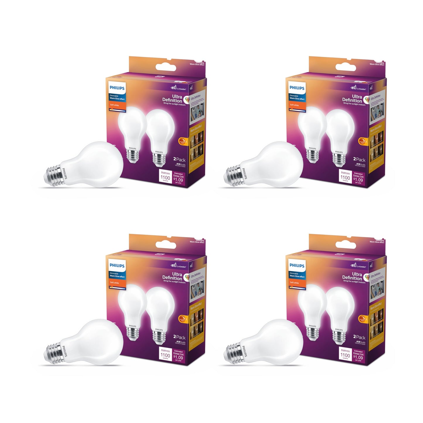 PHILIPS LED 75W A19 4-Pack Ultra Definition Daylight (5000K) 1100 Lumen (9W = 75W) Dimmable Frosted Flicker-Free Light Bulbs