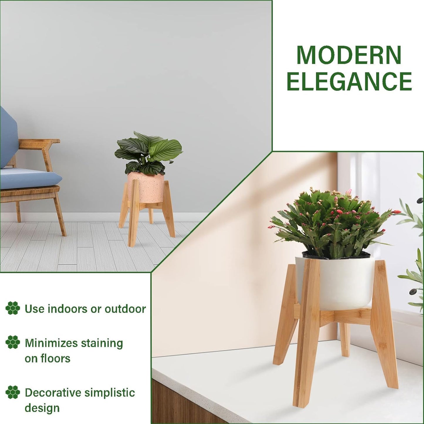 LEIMO KPARTS Adjustable Bamboo Plant Stand (8-12 inches), Mid Century Modern Indoor Plant Holder