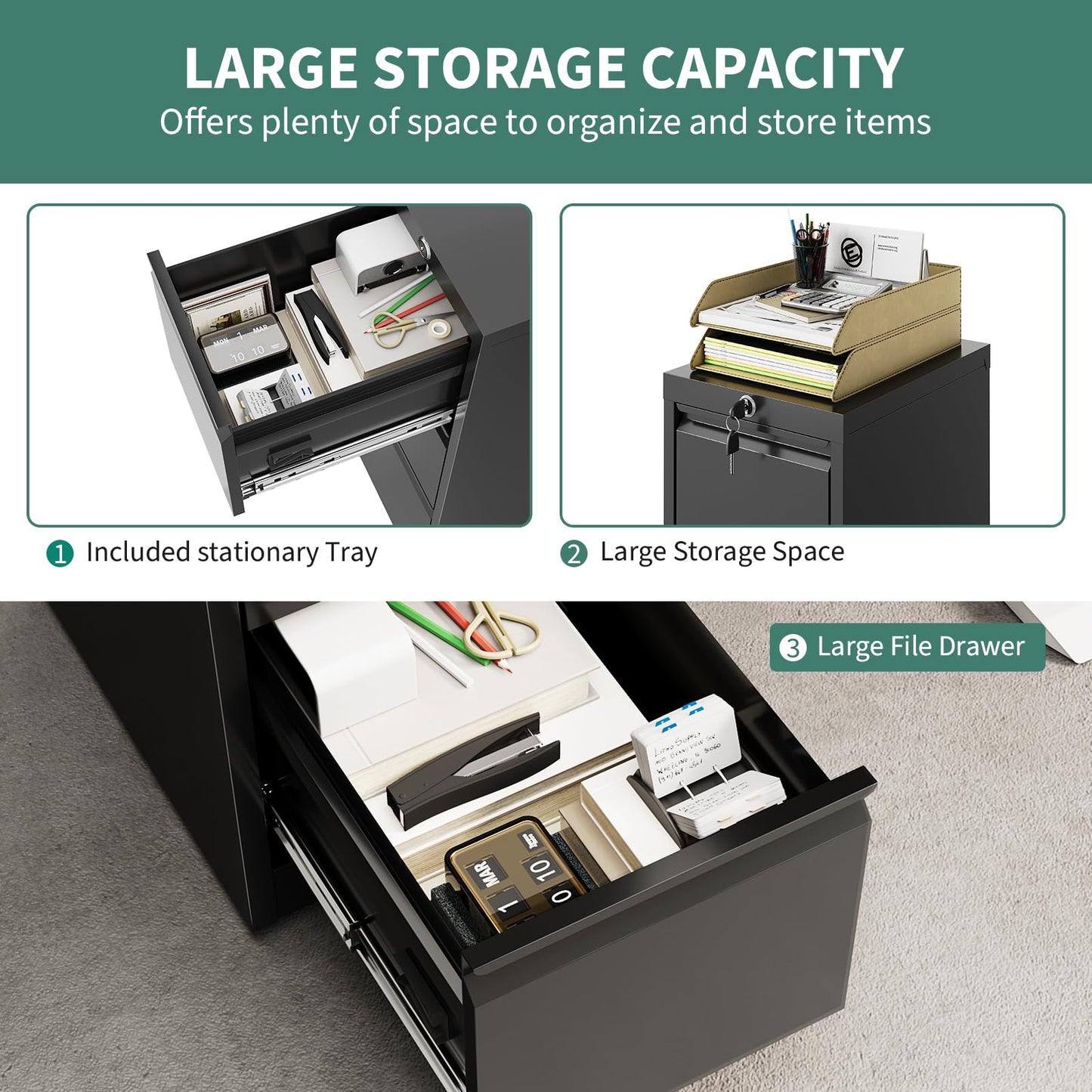 3-Drawer Locking Metal File Cabinet, Heavy-Duty Vertical Filing Cabinet with Anti-Tilt Security & Silent Slides, Fits Letter/Legal/A4/F4 Documents, Easy Assembly, Storage Organizer for Home Office