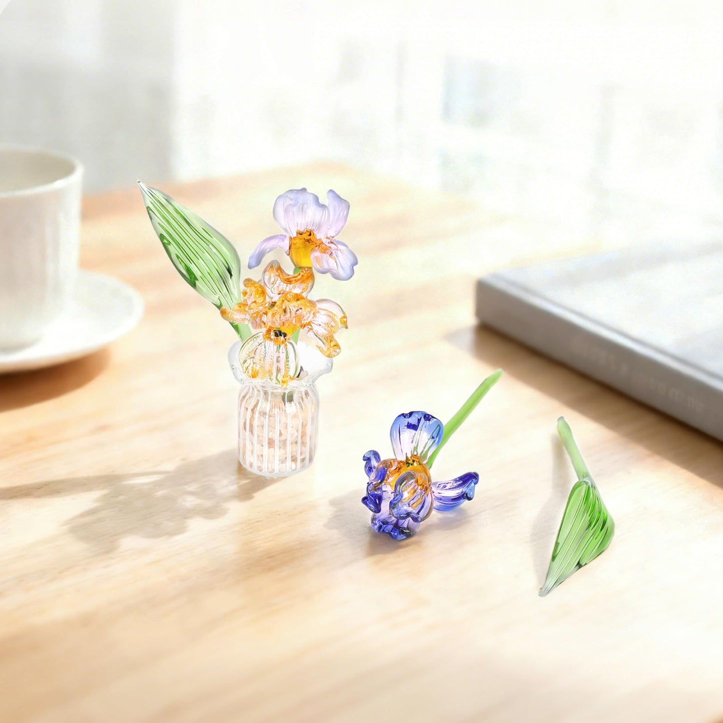 Lovmeety Mini Glass Flowers with Vase, Handmade Crystal Flowers Decor Iris Flower Arrangements Glass Flower Bouquet for Home Office Shelf Table Centerpiece Gift for Women