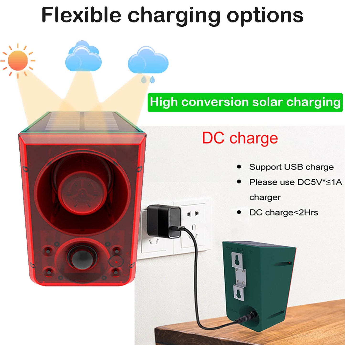 SENKEFEI SS Solar Outdoor Motion Sensor Alarm - Dog Barking & Gunshot Sound 130db Motion Detector Alarm Light,with Remote Controller for Home, Villa,Yard,Chicken coop,Farm,Barn, ZFD-11N-01, Green&red