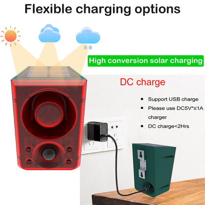 SENKEFEI SS Solar Outdoor Motion Sensor Alarm - Dog Barking & Gunshot Sound 130db Motion Detector Alarm Light,with Remote Controller for Home, Villa,Yard,Chicken coop,Farm,Barn, ZFD-11N-01, Green&red