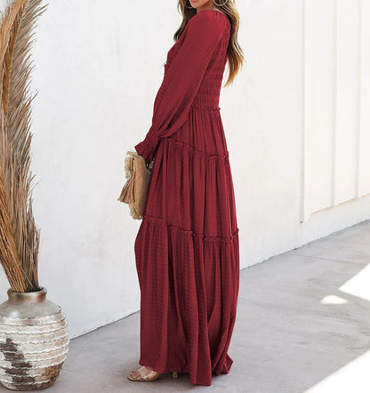 R.Vivimos Maxi Dress for Women Long Sleeve V Neck Empire Waist Layered Ruffle Boho Casual Flowy Long Dresses