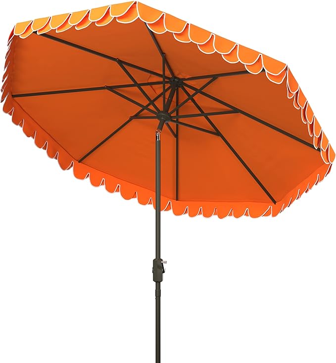 SAFAVIEH 9ft Outdoor Patio Umbrella, Round, Valance, Orange, Auto Crank Tilt, UV Resistant for Deck, Backyard, Poolside (PAT8006O)