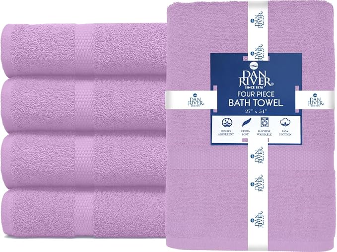 DAN RIVER Bath Towels Set of 4, 27 x 54 Inches, 100% Cotton, Larger & Lighter