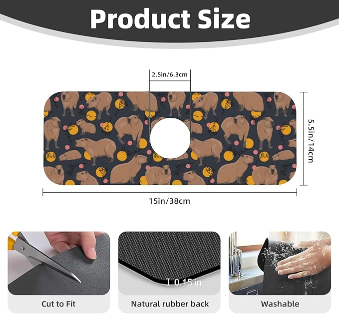 Capybara Doodle Botanical Circle Wildlife Kitchen Sink Splash Guard Faucet Mat