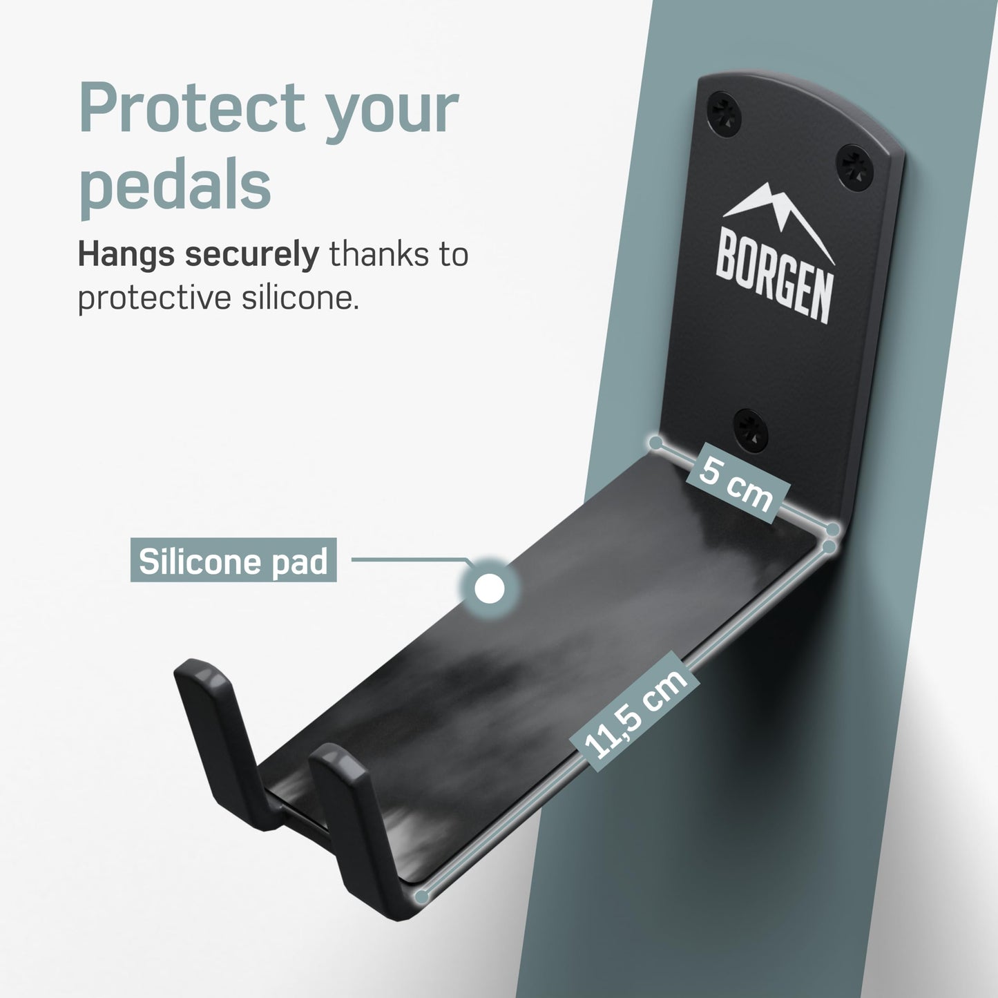Borgen Bike Wall Mount - Bike Wall Rack Pedal for E-Bike, MTB or Road Bike with Support Bracket and Wall Protection Pads