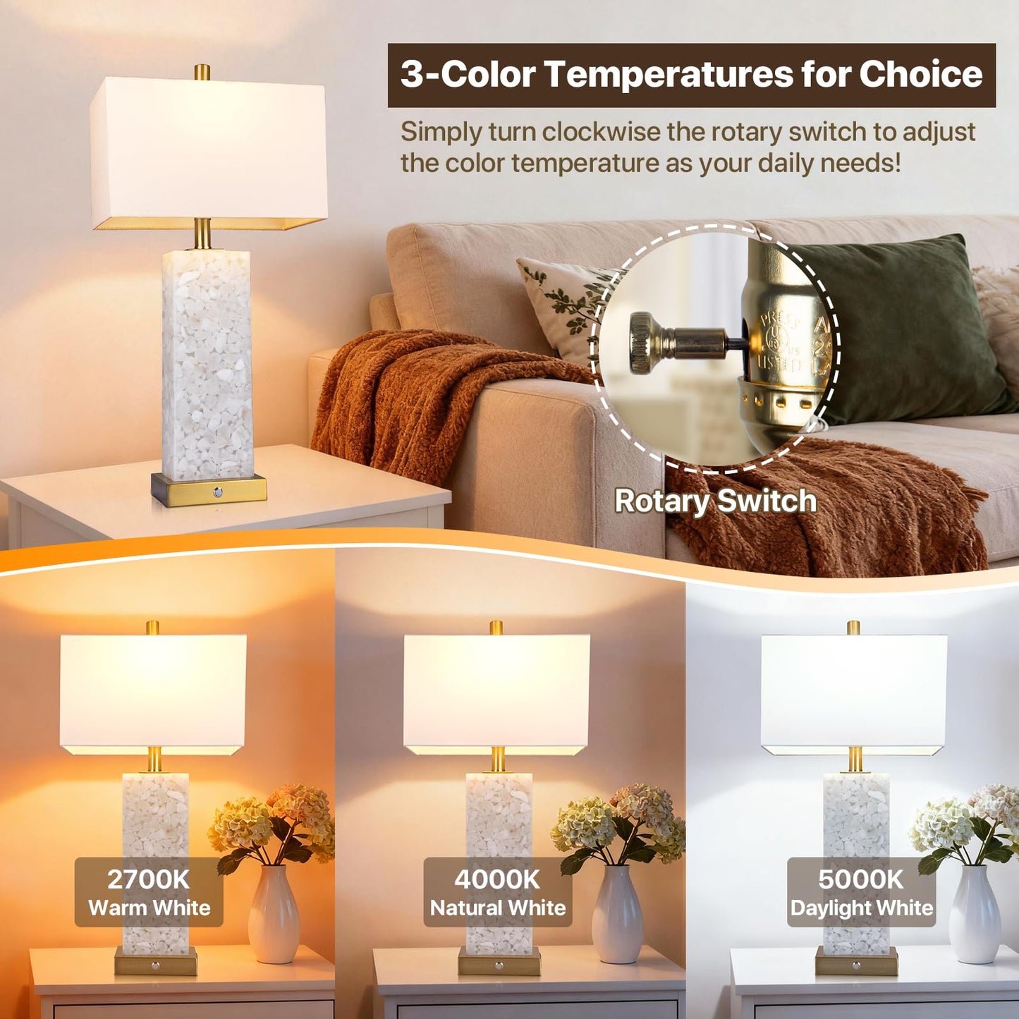 2-Pack 25.6" Alabaster Lamps, Marble Lamp Nightstand Lamps Set of 2, 3-Color Temperatures Bedside Lamps with Nightlight, Modern Table Lamp with USB Ports for Living Room Bedroom Hotel, Bulbs Included