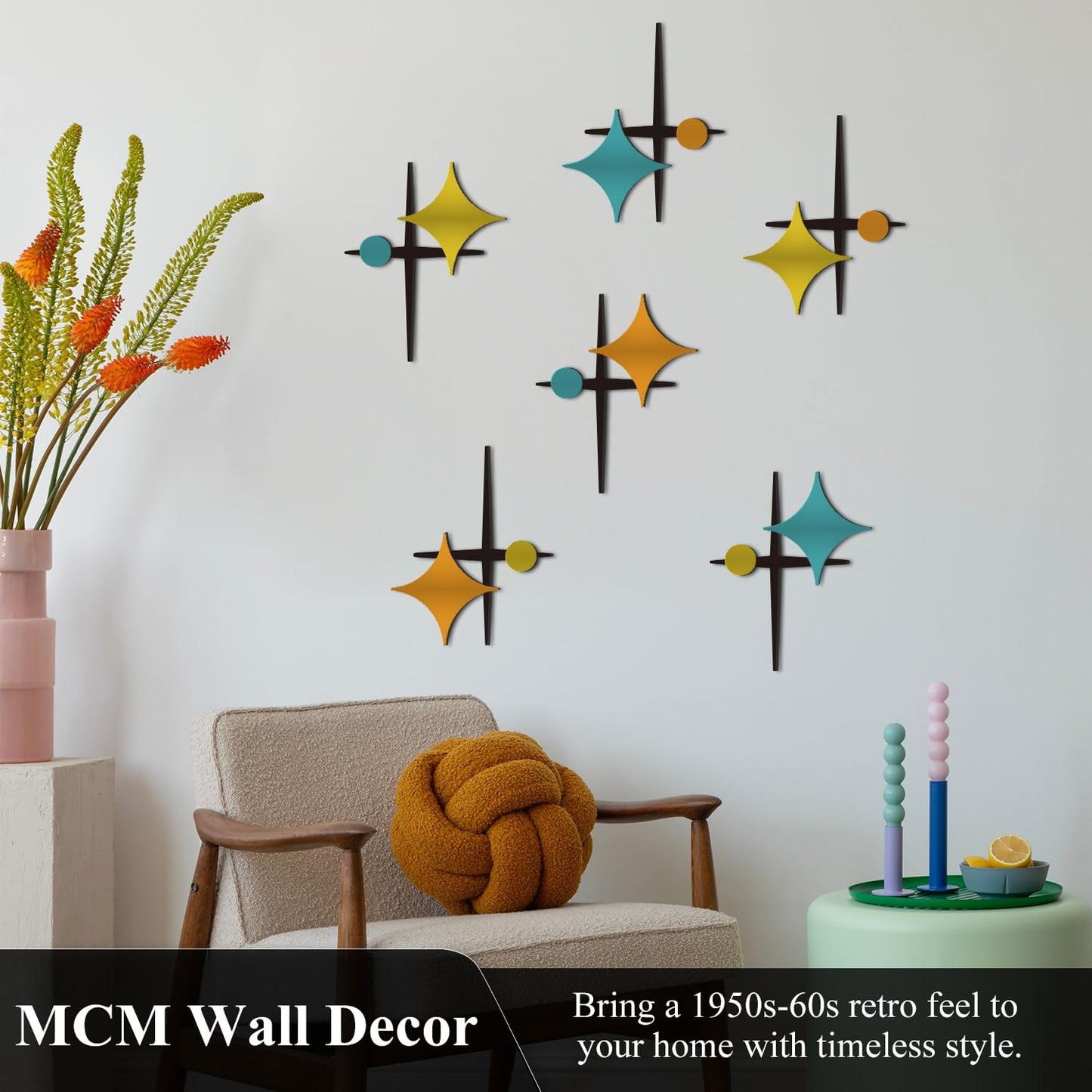 LiveInUrban Starburst Mid Century Modern Wall Decor, Retro Cross Star Atomic Stars Acrylic Wall Art 6PCS