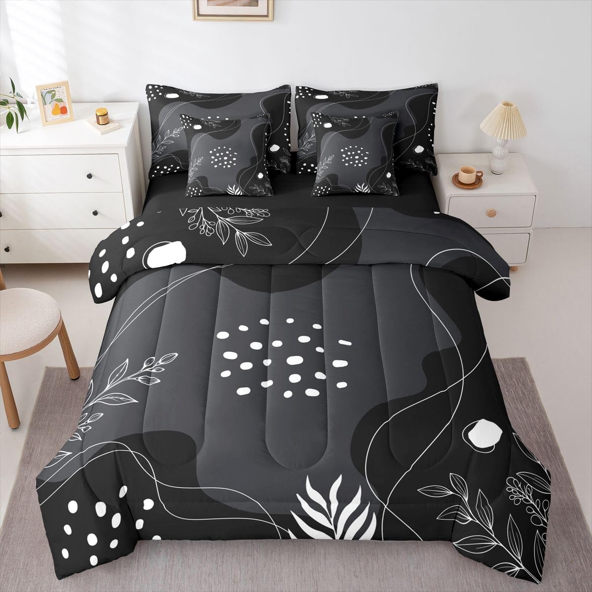 Erosebridal Mid Century Modern 7 Piece Comforter Set Full Bed in a Bag Boho Black Grey Bedding Sets Simplistic Geometrical Comforter and Sheet Set, Geometric Lines Bed Sets