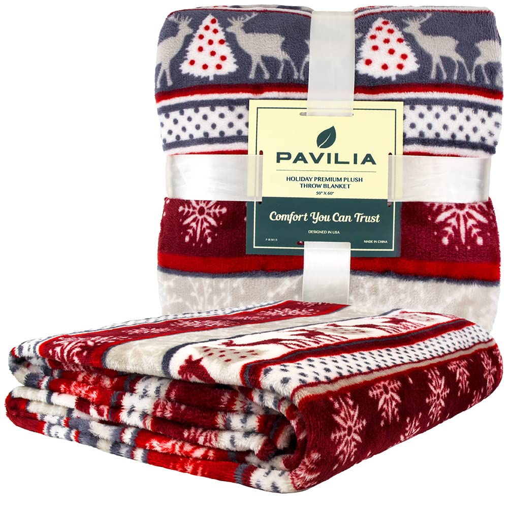 Pavilia Holiday Reindeer Snowflakes Fleece Throw Blanket | Soft, Plush, Warm Winter Cabin Throw, 50x60, Red