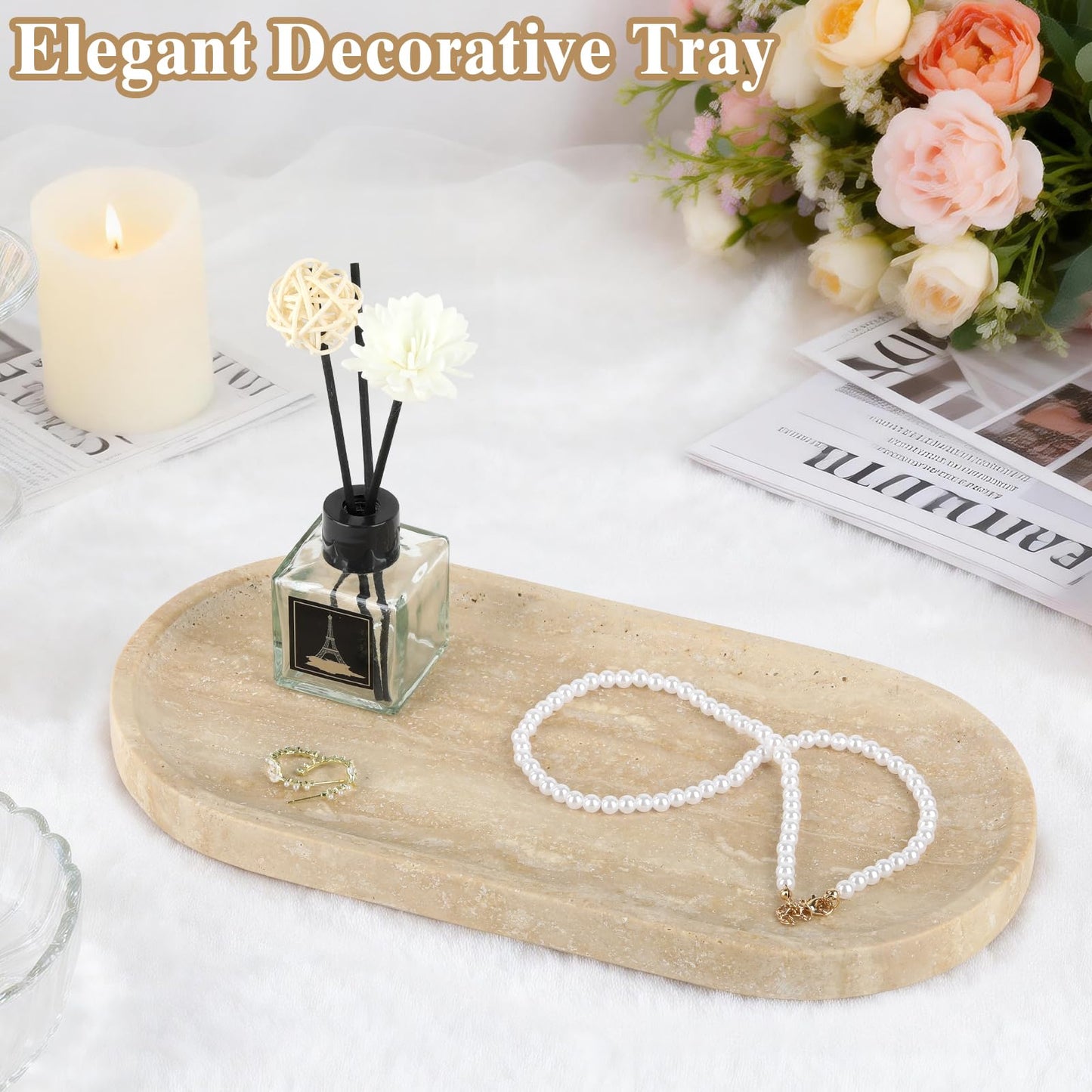 Moujings Natural Travertine Vanity Tray - Decorative Stone Marble Tray for Bathroom Countertop, Elegant Organizer for Home Decor, Jewelry, Candle, Makeup, Kitchen and Dresser Decor
