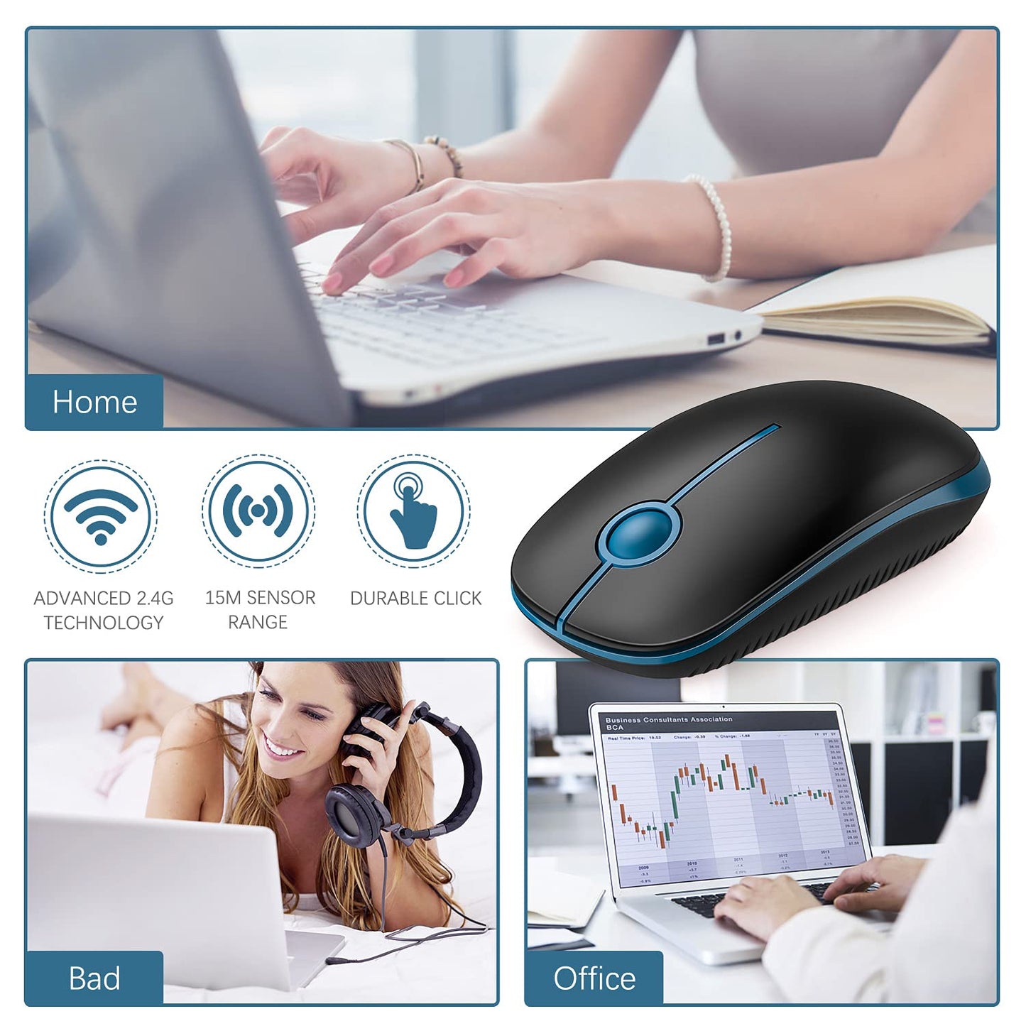 VssoPlor Wireless Mouse, 2.4G Slim Portable Computer Laptop Mouse with Nano Receiver Quiet Silent Optical Mice for Notebook, PC, Laptop, Computer-Black and Gold