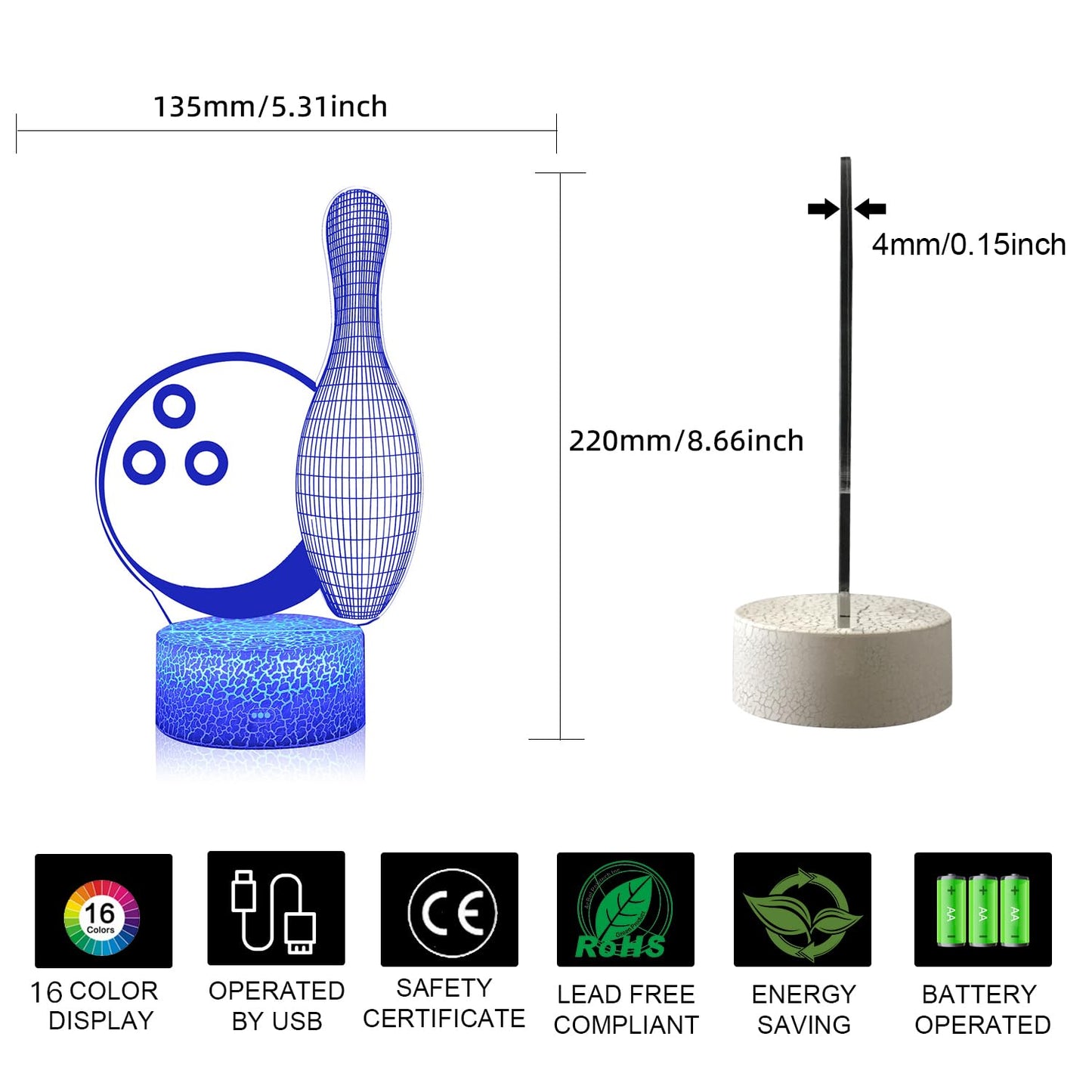 AZALCO 3D Illusion Bowling Night Light Teenager Christmas Gifts Xmas Gift Lamp 16 Color Change Touch White Crack Base Birthday Present with Remote Control Boys Girls