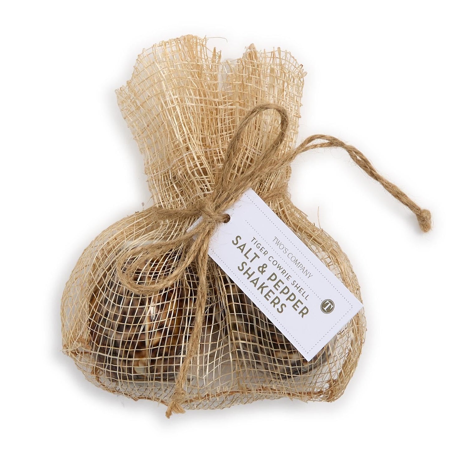 Two's Company Tiger Cowrie Shell Salt and Pepper Shakers in Natural Jute Pouch, 2.5-Inch