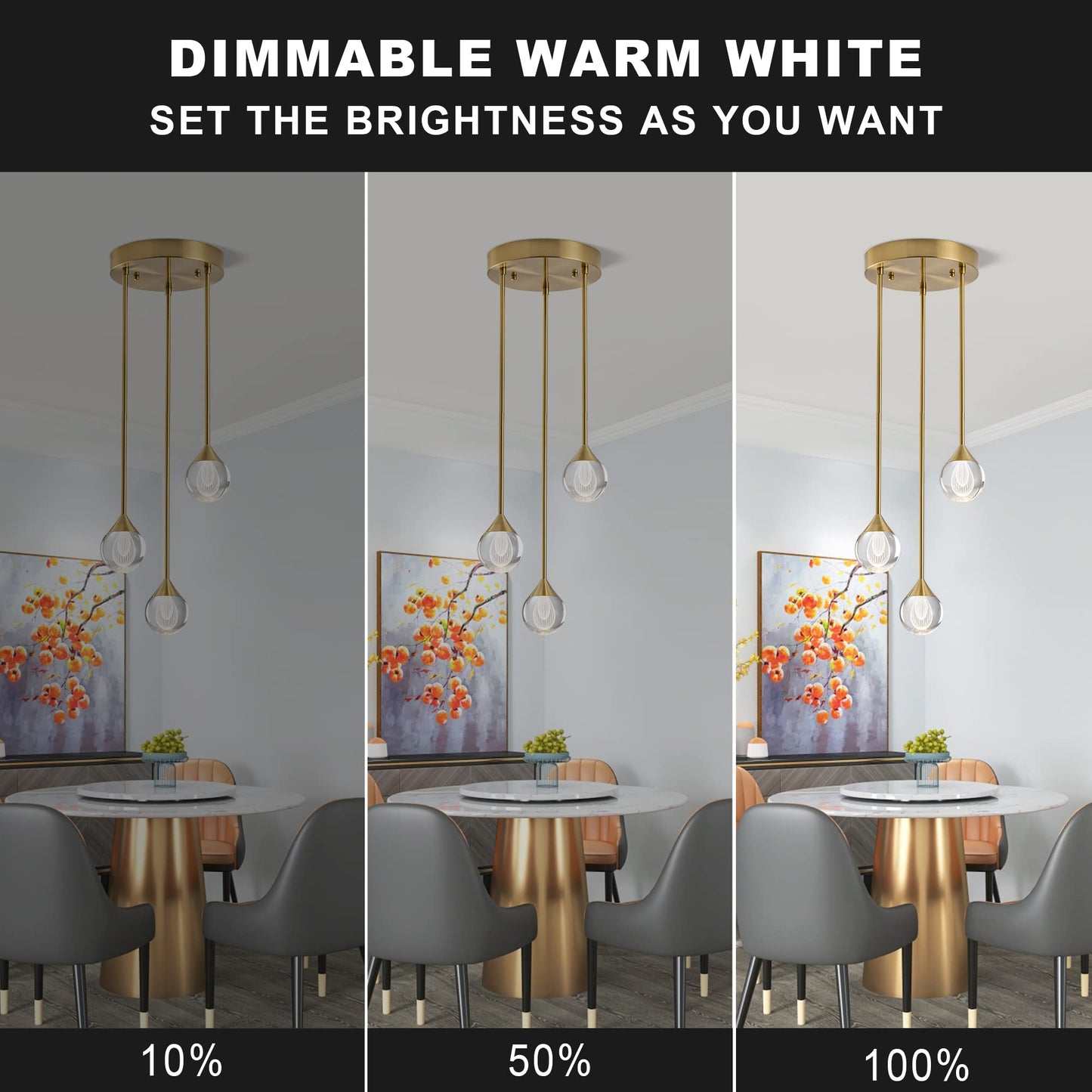 SUNMOO 3-Light Teardrop Crystal Pendant Light, Dimmable LED Crystal Globe Hanging Light Fixture, Modern Ceiling Pendant Lighting for Kitchen Island Dining Room Bedroom Bar 3000K 24W Brush Brass