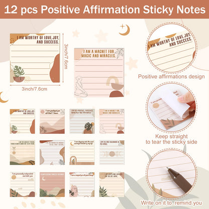 Funrous 36 Pcs Positive Affirmation Gift for Women Bulk Inspirational Sticky Notes with Pens Bags Mothers Day Gifts for Coworkers Employee Teacher Nurse Staff Home Office Gifts Supplies (Boho)