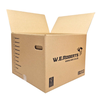 W.E. Roberts 10 Strong Extra Large Cardboard moving Boxes. Packing boxes for moving house with Printed Room List and Carry Handles 52cm x 52cm x 40cm cardboard Boxes