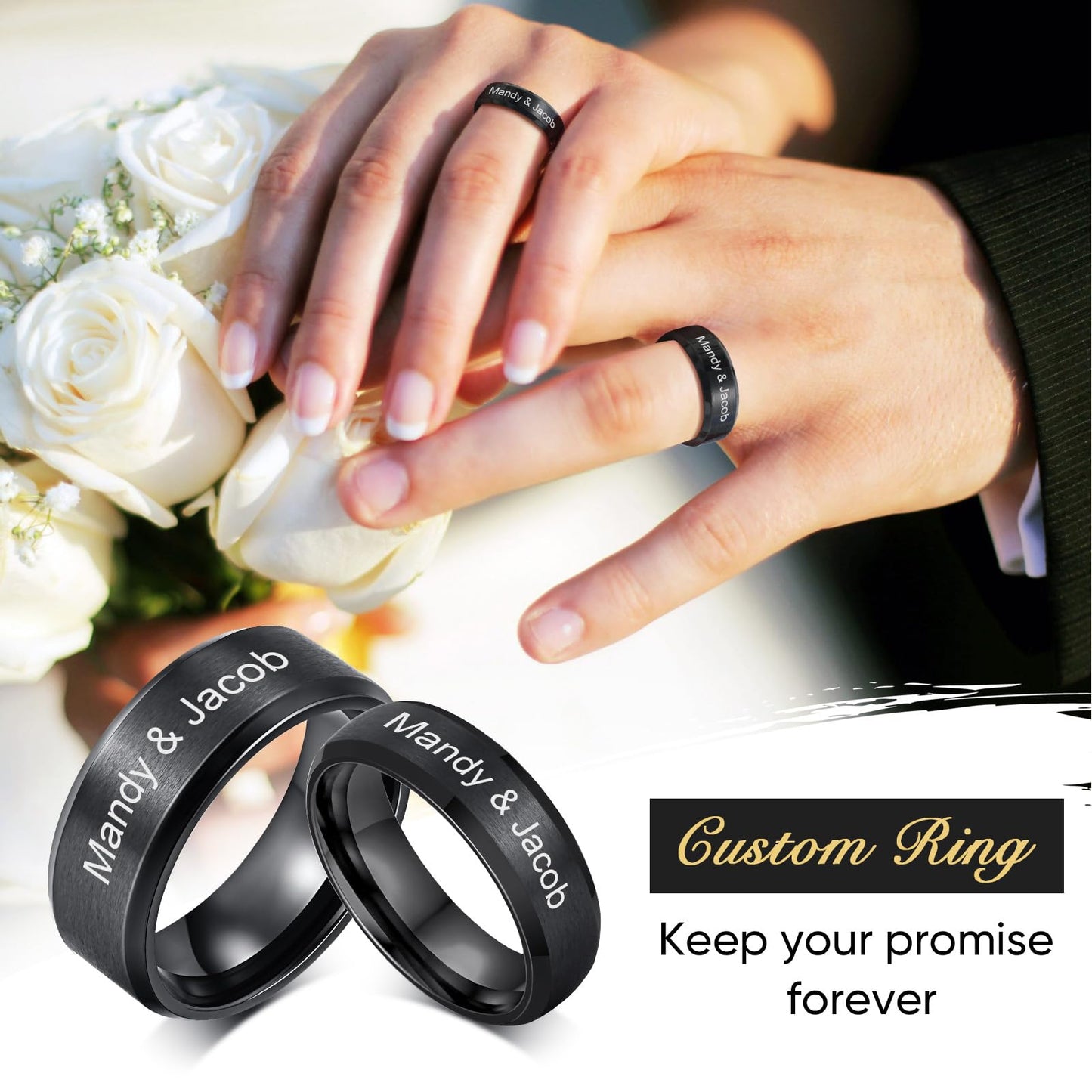 VNOX Customize Personalized Name Date 8MM Stainless Steel Simple Matte Brushed Finish Wedding Band Engagement Rings for Men Dad Husband,Size 8
