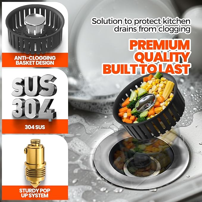 Kitchen Sink Drain Strainer & Sink Stopper, Upgraded Stainless Steel Drain Plug