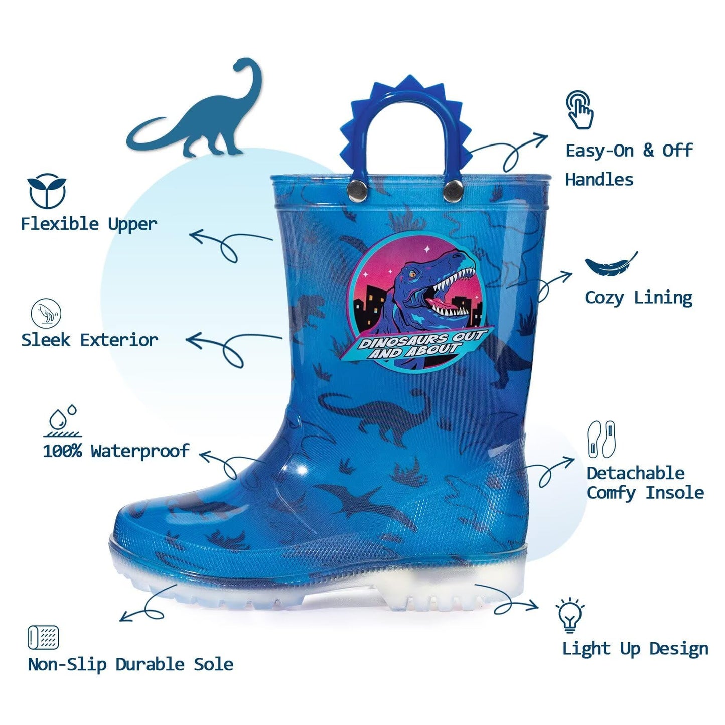 EUXTERPA Light Up Wellies for Boys Girls, Boy Dinosaur Kids Welly Boots Children Wellingtons Waterproof Boots with Handle Size 9 UK Child